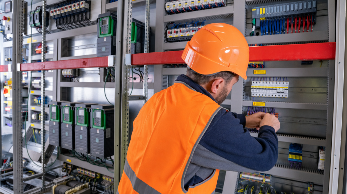 Técnico trabajando en tablero eléctrico industrial